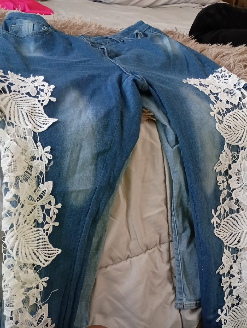 Blue Denim Jeans with White Lace Side Panels